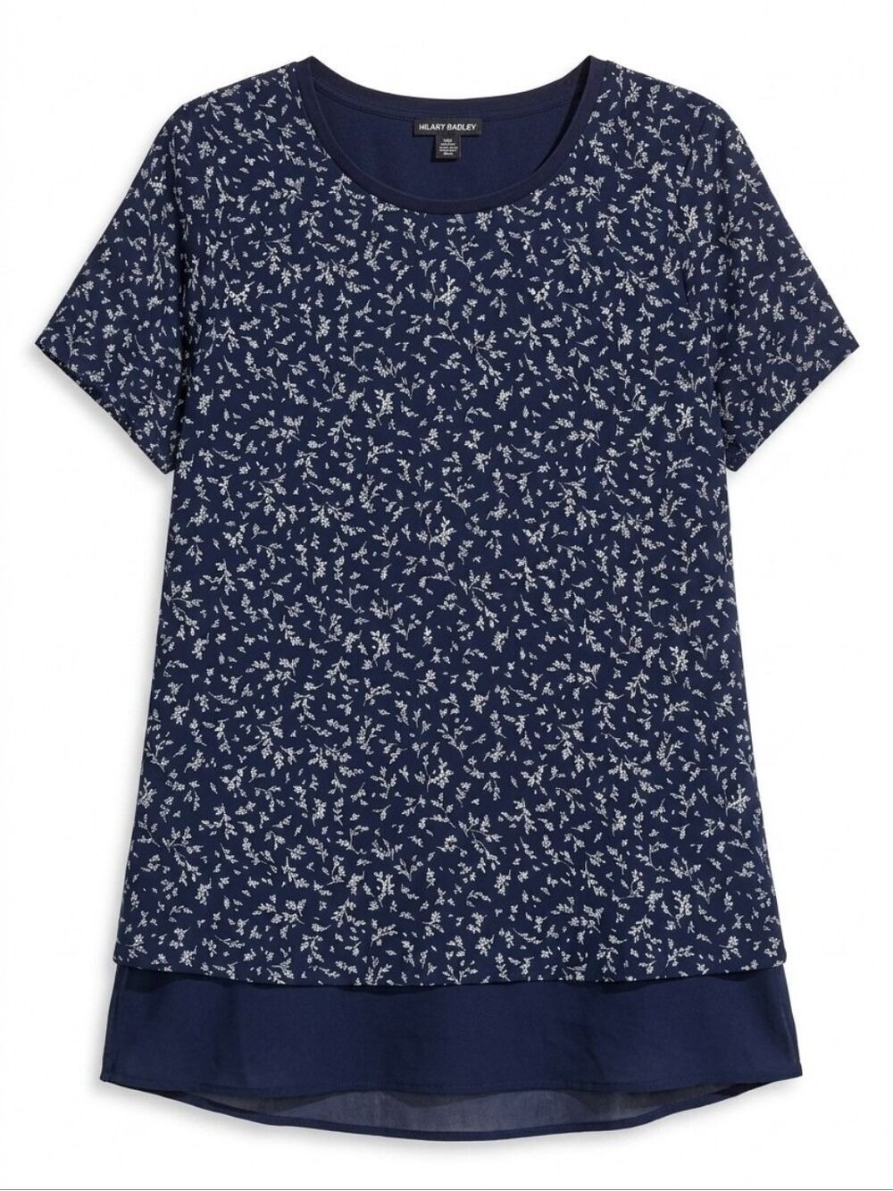 NWT Size Small Hilary Radley Navy Floral Sheer Layered Short Sleeve Blouse